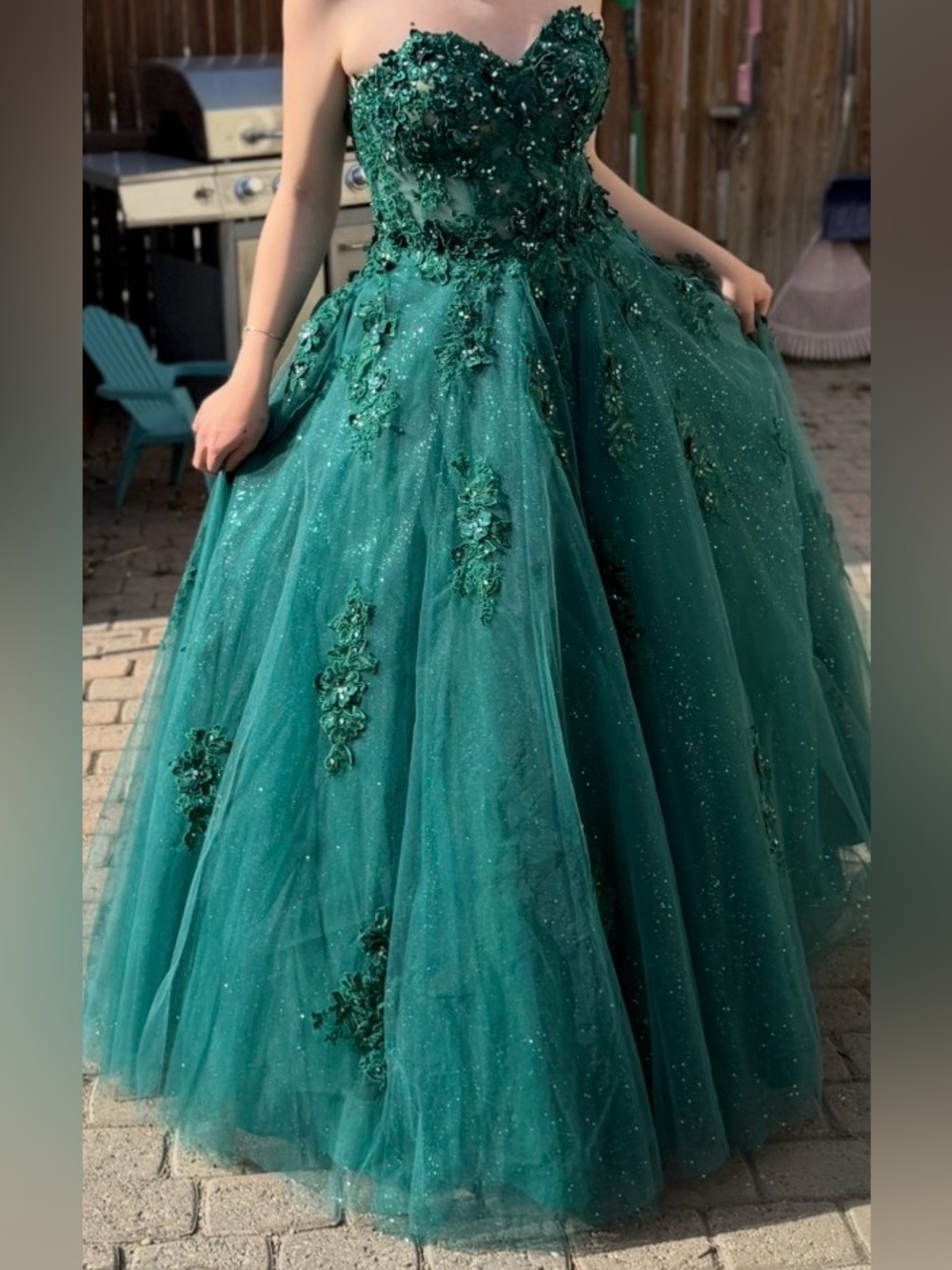 Mori Lee Emerald Green Strapless Ball Gown with Floral Appliqué